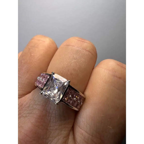 Pink and white CZ rhodium over sterling silver ring size 9 - Picture 3 of 10